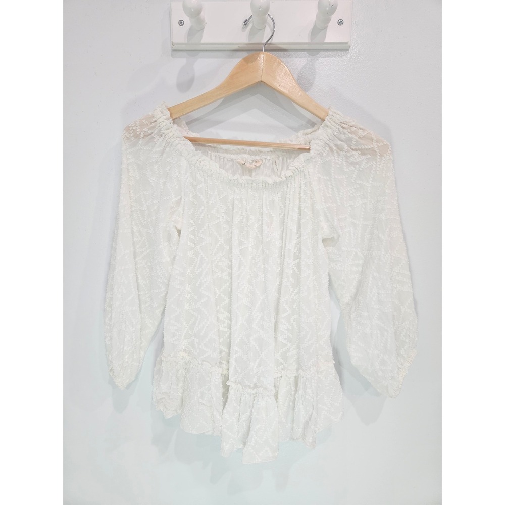 Rebecca Taylor White Silk Cotton Clip Dot Off Shoulder Ruffle Blouse Size 2